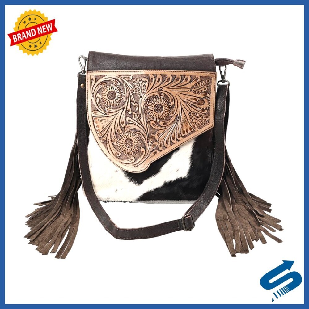 Real Cowhide Crossbody Bag with Leather Fringe, Adjustable Strap, 5 Pockets